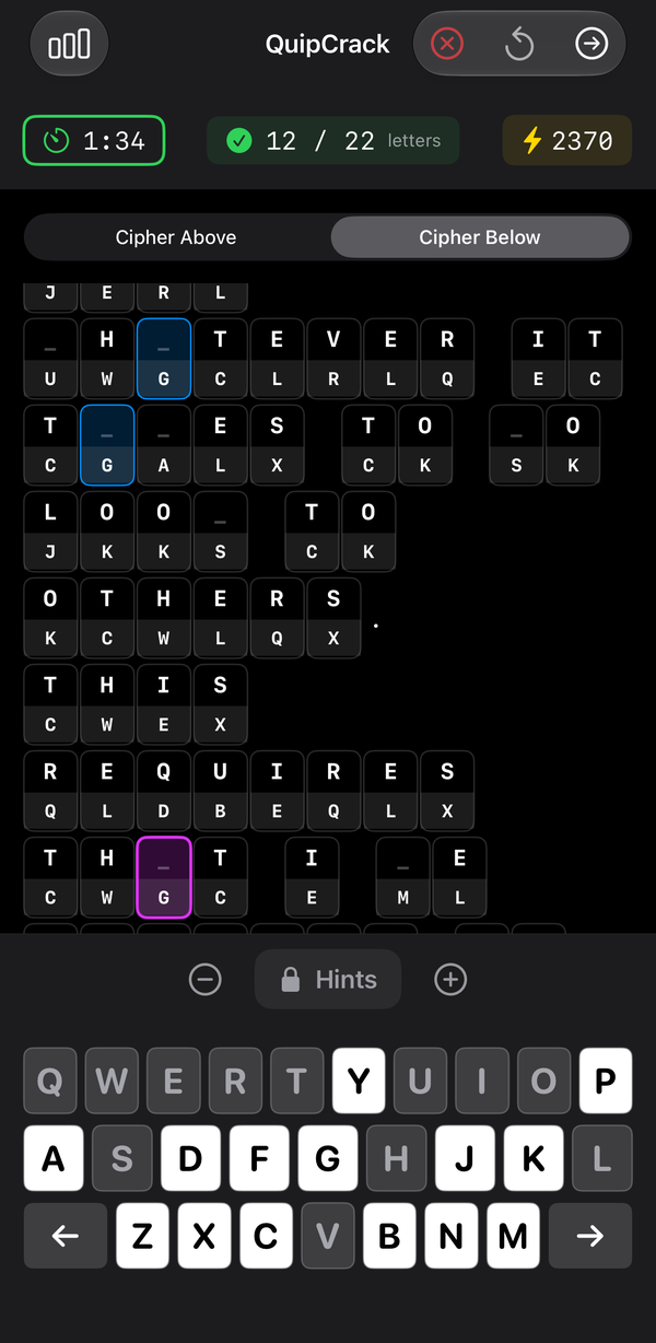 QuipCrack cipher grid mid-solve