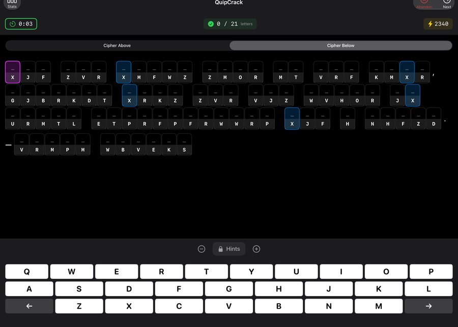 QuipCrack on iPad cipher grid